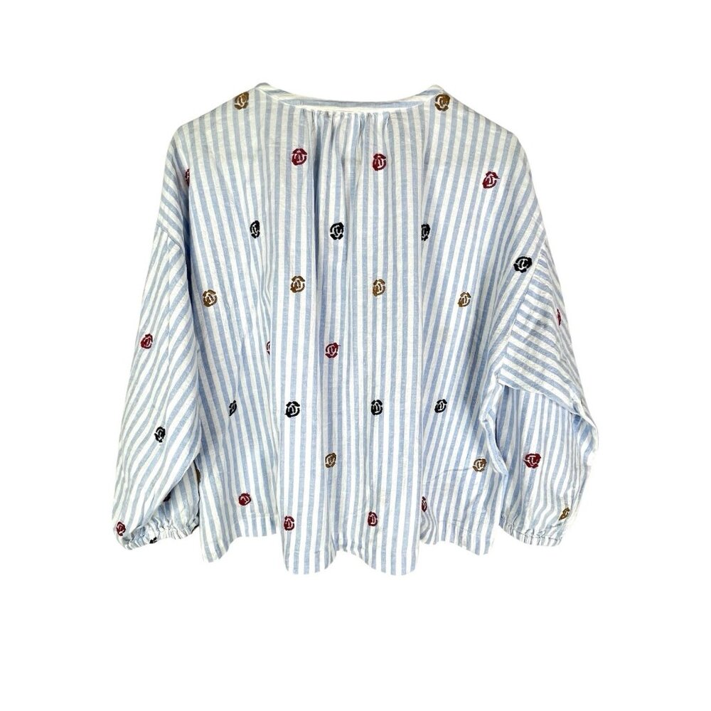 AKEMI KIM ANTHROPOLOGIE Women's Blue White Stripe Embroidered Blouse Medium - Picture 6 of 6